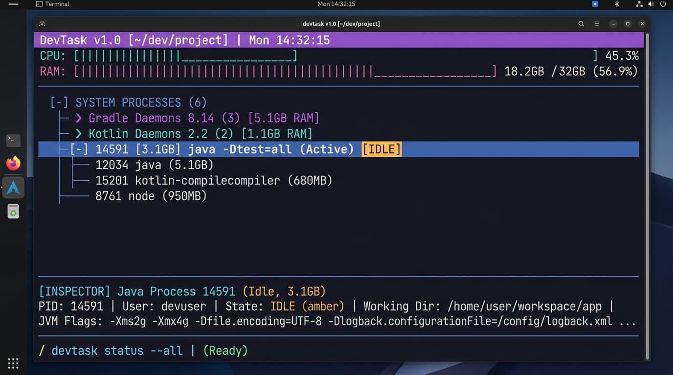 DevTask: Why I Built a Specialized TUI Process Manager in Go to Hunt Down Hung Java and Gradle Daemons